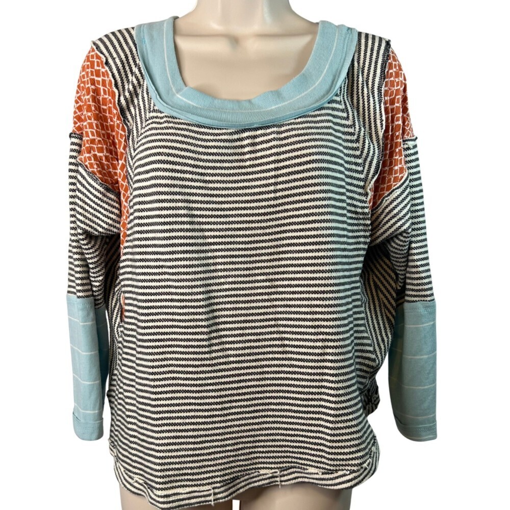 Ces Femme Boho Patchwork Long Sleeve Scoop Neck Blouse Size Small